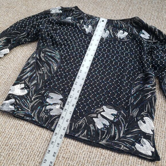 Heavily Beaded Sequined Silk Blouse Women's Small Black - Picture 13 of 16